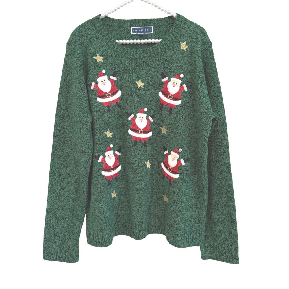 Karen Scott Women Green Santa Claus Christmas Sweater Embroidered Grandmacore XL
